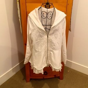 Johnny Was 4 Love and Liberty Zip front Peplum Hooded Sweatshirt w/ frayed hem.